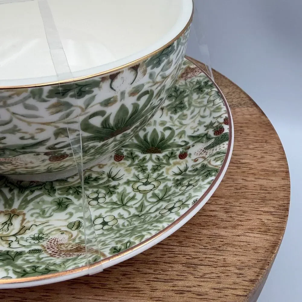 William Morris & Co Strawberry Thief Green Floral Teacup & Saucer Set NWT